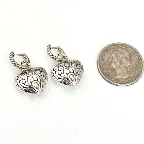 925 Sterling Silver & 14K Gold Puffy Heart Openwork Filigree Scroll Earrings - Picture 13 of 16